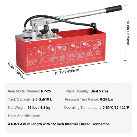 Hydrostatic Test Pump, Max 25 bar/362 PSI, Dual Valve Hydraulic Manual Water Pressure Tester Kit with 2.8 Gal Tank and Gauge