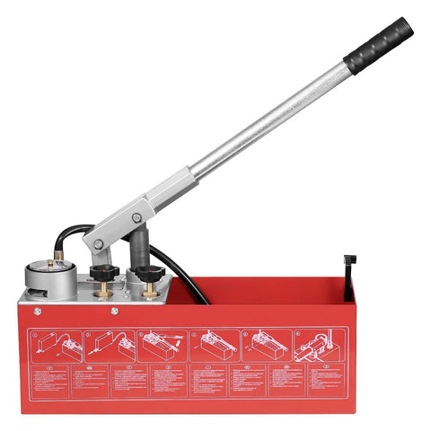 Hydrostatic Test Pump, Max 25 bar/362 PSI, Dual Valve Hydraulic Manual Water Pressure Tester, red 2.8 Gal Tank, handle and gauge visible