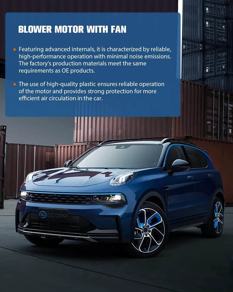 Blue SUV displayed in front of shipping containers with details about a blower motor with fan.