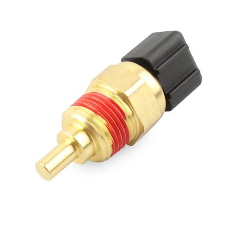 Coolant temperature sensor with brass body and red seal.