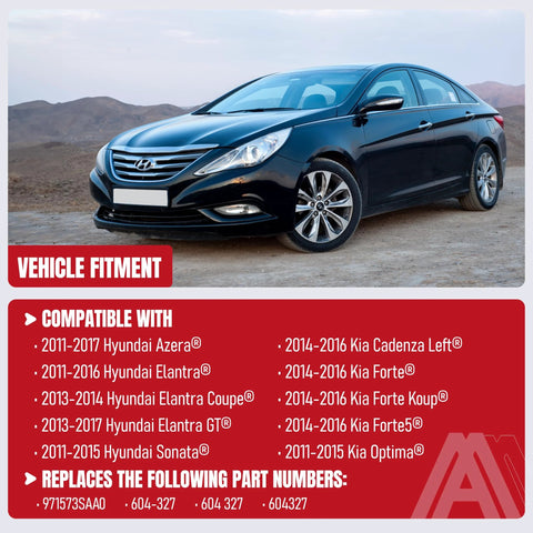 HVAC mode actuator ad: black Hyundai sedan with red Vehicle Fitment banner listing Hyundai and Kia models.