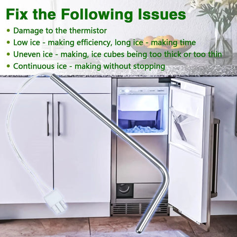 RUHUALIFE ice maker bin temperature sensor thermistor with stainless steel probe and white connector beside fridge