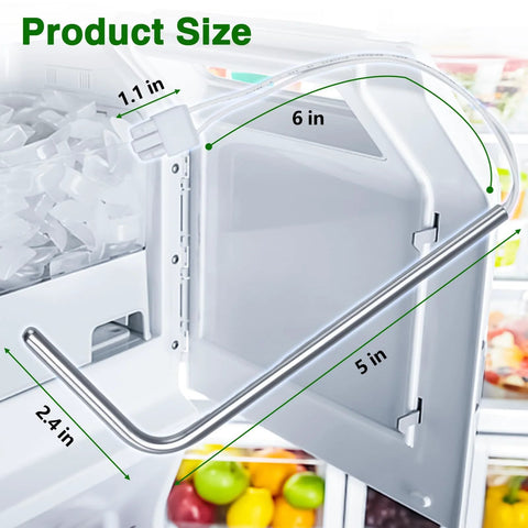 Ice maker bin with stainless steel handle and dimension arrows showing 6 in, 5 in, 2.4 in