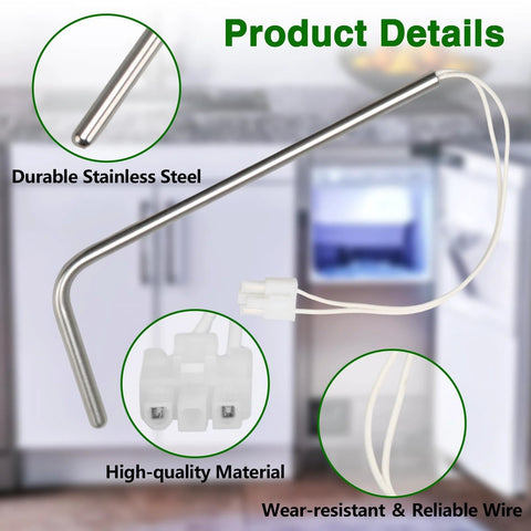 Stainless steel ice maker temperature sensor probe with two white wires and plastic connector