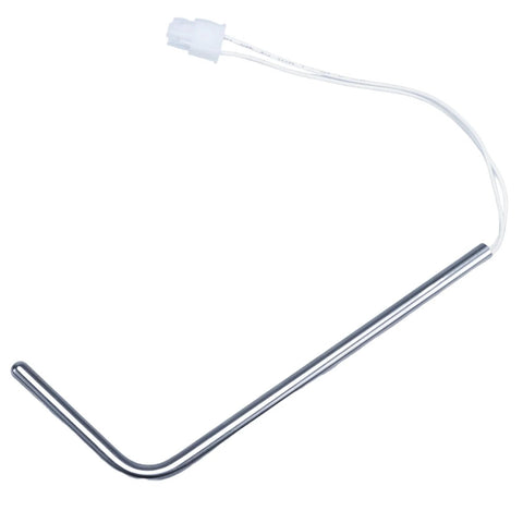 Ice maker temperature sensor with metal U-shaped probe and white wiring harness, connector at end