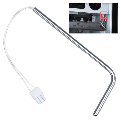 Ice maker temperature sensor thermistor with stainless steel probe and white connector, Whirlpool/Kenmore.