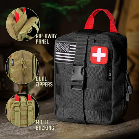 250 Piece Go To Survival IFAK First Aid Kit With Molle Pouch For Camping Hiking Boating And Emergency Preparedness EMT Ready Trauma Bag displayed with rip-away panel, dual zippers, and MOLLE backing.