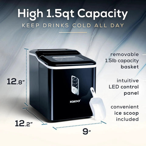 Portable Countertop Ice Maker With LED Control Panel And One Point Five Quart Water Tank Produces 26 Lbs Of Ice Per Day With Two Cube Sizes Nine Cubes In Seven Minutes Ideal For Home Kitchen Office RV And Outdoor Use, showing dimensions