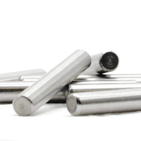 Close-up of DIY Ready Replacement Dowel Pins for IKEA IVAR Bookcase Shelving System 6x40mm Plated Steel Pegs Pack Of 8 on white background