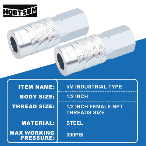 Two half inch IM industrial type couplers for air compressors with 1/2 inch female NPT, steel material, 300 PSI.