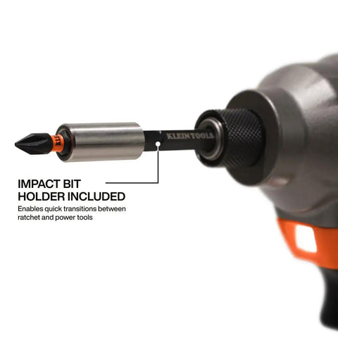 Slim Micro-Ratchet ProFlex Impact Driver Bit Set for Tight Spots, close-up of magnetic bit holder attached to power tool.