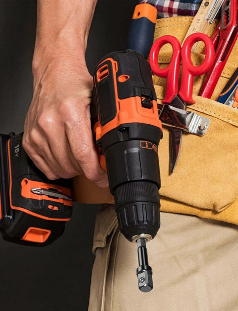 Person holding a drill with a 3/8 Impact Adapter, 4 Pack Socket Adapter 1/4 Inch to 3/8 Socket Adapter Kit for Impact Driver, Automotive DIY.