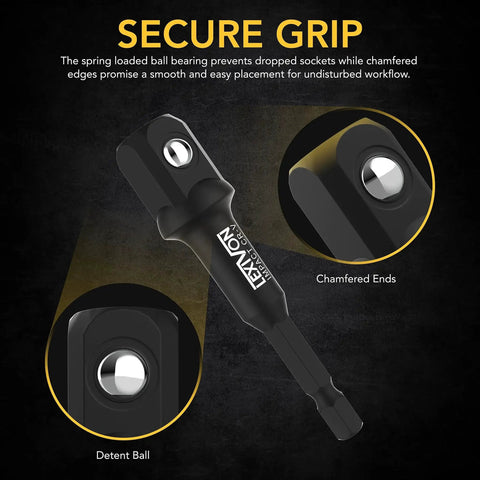 Impact Grade Socket Adapter Set With 3 Inch Extension Bit Holder, 3 Piece Drive Set For One Quarter Inch, Secure Grip Detail