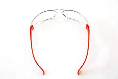 Back view of Impact Resistant Safety Glasses With UV400 Anti Fog Clear Lenses ANSI Z87.1, red arms, lightweight design.