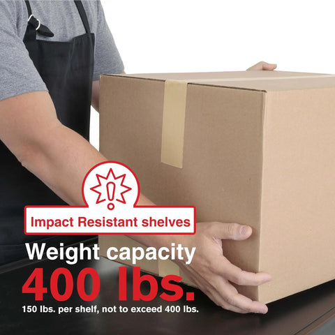 Man holding box on Heavy Duty 3 Shelf Utility Cart With Five Level Adjustable Top Shelf For Perfect Height Alignment, 400 lb capacity
