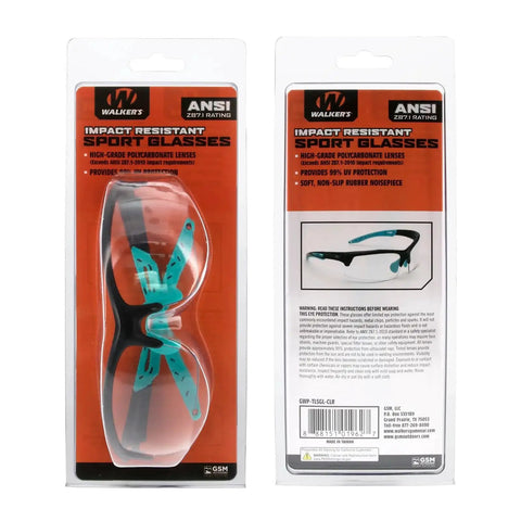 Impact Resistant Sport Glasses With UV Protection And Non Slip Frame in retail packaging showing front and back labels