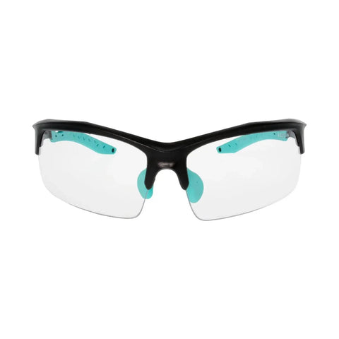 Impact Resistant Sport Glasses With UV Protection And Non Slip Frame, front view, black and turquoise rubberized polycarbonate frame.