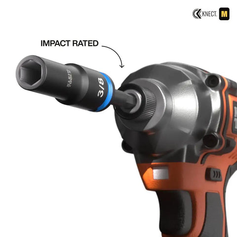 Impact driver with attached deep-well 3/8 inch impact socket from the 23-piece set, color-coded size marking visible.