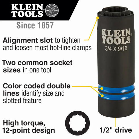 Three In One Impact Socket With 12 Point Deep Design, Dual Hex Sizes Three Quarters Inch And Nine Sixteenths Inch, Coaxial Spring Loaded Alignment Slot For Quick Adjustments, Half Inch Drive, Hands Free Size Change, Built Tough For Heavy Duty High Torque shown next to features