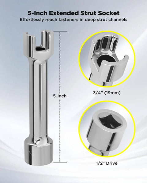 Durable 1/2 in drive impact socket with a 5 in extension for deep strut channels, showcasing 12-point design and chrome finish