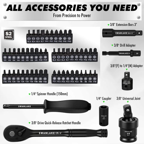 One Hundred Five Piece Three Eighths Inch Drive Impact Socket Set With 28 Metric Sockets 8 To 22 Mm And 16 SAE Sockets 5 Sixteenths To 3 Quarters Inch Six Point CR V Steel Includes Extension Bars Universal Joint Ratchet Handle And Screwdriver Bit Tool displayed in packaging