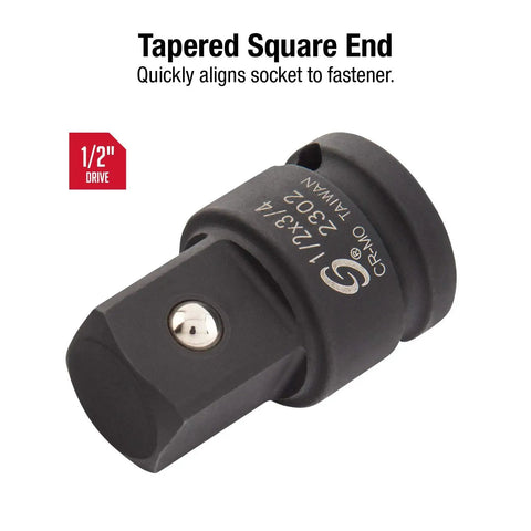 Impact Socket Adapter Beefy Half Inch Drive Half Inch Female To Three Quarter Inch Male With CrMo Steel Ball Detent Tapered Square End for Quick Alignment And High Torque Meets ANSI Standards Sunex Tools, close-up view of adapter with tapered square end and ball detent visible.