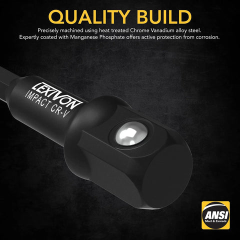 Impact Grade Socket Adapter Set With 3 Inch Extension Bit Holder, 3 Piece Drive Set For One Quarter Inch, Three Eighth Inch And One Half Inch, Converts Drill To Impact Wrench, Heat Treated Chrome Vanadium With Black Phosphate Coating close-up with quality build label.