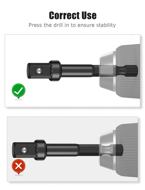 Demonstration of correct and incorrect use of 3/8 Impact Adapter, 4 Pack Socket Adapter 1/4 Inch to 3/8 Socket Adapter Kit for Impact Driver.