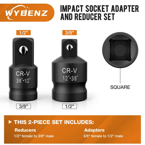 Two Piece Impact Socket Adapter And Reducer Set From One Half Inch To Three Eighths Inch And From Three Eighths Inch To One Half Inch For Breaker Bar Wrench Conversion And Everyday Mechanic Tools showcasing socket sizes and square design.