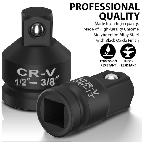 Two Piece Impact Socket Adapter And Reducer Set From One Half Inch To Three Eighths Inch And From Three Eighths Inch To One Half Inch For Breaker Bar Wrench Conversion And Everyday Mechanic Tools, chrome molybdenum alloy steel, close-up view.