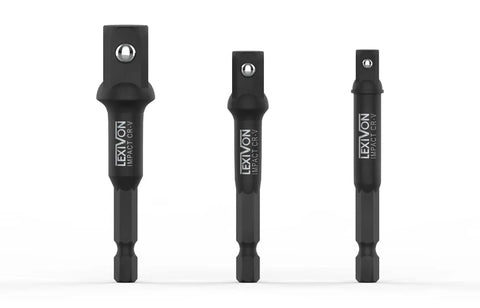 Impact Grade Socket Adapter Set With 3 Inch Extension Bit Holder, 3 Piece Drive Set For One Quarter Inch, Three Eighth Inch And One Half Inch, Converts Drill To Impact Wrench, Heat Treated Chrome Vanadium With Black Phosphate Coating