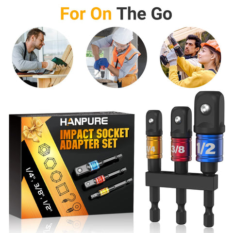 Impact Socket Adapter Set For Drill And Ratchet Kit With One Quarter Inch, Three Eighths Inch, One Half Inch Drives in packaging