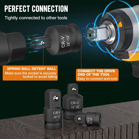 Two Piece Impact Socket Adapter And Reducer Set From One Half Inch To Three Eighths Inch And From Three Eighths Inch To One Half Inch For Breaker Bar Wrench Conversion And Everyday Mechanic Tools with CR-V steel, close-up view on tabletop.