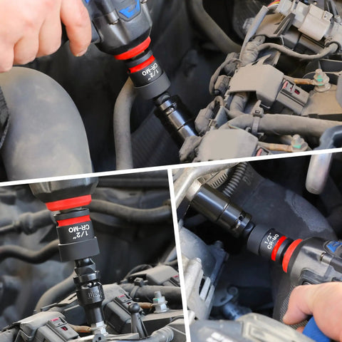 11 Piece Impact Socket Adapter Set With One Quarter Inch Drive, Three Eighth Inch Drive And One Half Inch Drive in use on car engine