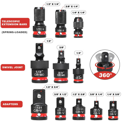 11 Piece Impact Socket Adapter Set With One Quarter Inch Drive, Three Eighth Inch Drive And One Half Inch Drive, CR-V and CR-MO steel