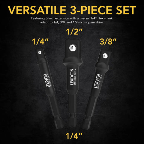 Impact Grade Socket Adapter Set With 3 Inch Extension Bit Holder, 3 Piece Drive Set For One Quarter Inch, Three Eighth Inch And One Half Inch, Converts Drill To Impact Wrench, Heat Treated Chrome Vanadium With Black Phosphate Coating.