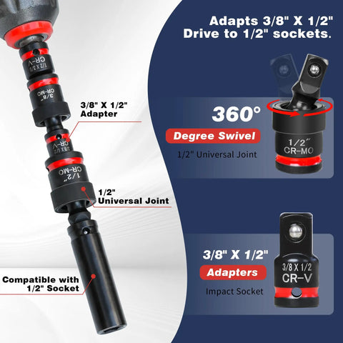 11 Piece Impact Socket Adapter Set With One Quarter Inch Drive, Three Eighth Inch Drive And One Half Inch Drive, Impact Rated Ball Detent