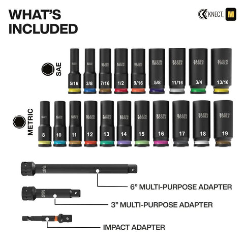 Deep-Well Three-Eighths Inch Drive Impact Socket Set With SAE And Metric Sizes, 23-Piece, Color-Coded Size Markings