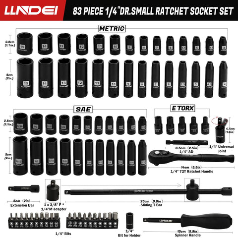 Impact Socket Set One Quarter Inch Drive 83 Piece With SAE And Metric Sizes, includes sockets and 72 tooth ratchet handle displayed.