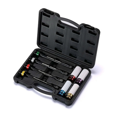 1/2-inch Drive Wheel Protector Impact Socket& 8 inch Coded Torque Limiting Socket Extension Bar 8pcs Tire Deep Socket Set in case