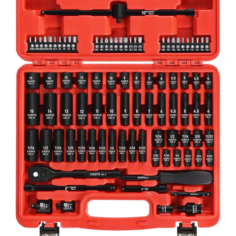 1/4" Drive Impact Socket Set 90 Piece, Metric Socket (4-15mm) and Standard SAE Size (5/32-9/16 inch) in red case