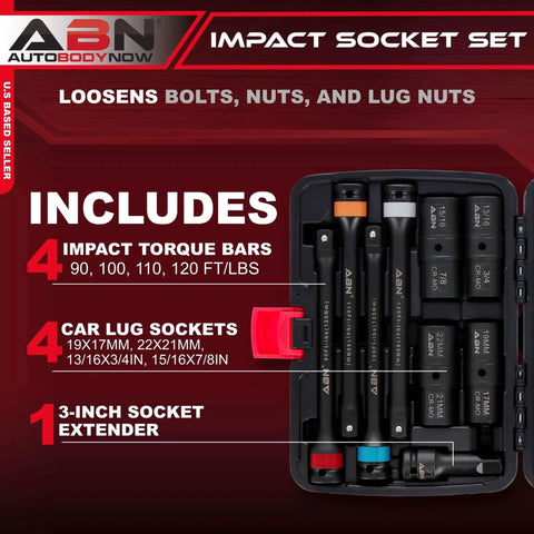 1/2in Drive Impact Socket Set Metric 17-22mm SAE 3/4-15/16in 9pc Lug Nut Torque Stick Extension Limiter 90-120 ft/lb in case