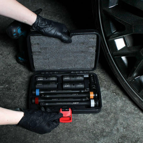 1/2in Drive Impact Socket Set Metric 17-22mm SAE 3/4-15/16in 9pc Lug Nut Torque Stick Extension Limiter 90-120 ft/lb in case