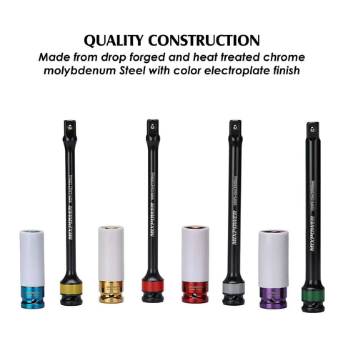 1/2-inch Drive Wheel Protector Impact Socket & 8 inch Coded Torque Limiting Socket Extension Bar 8pcs Tire Deep Socket Set, color-coded