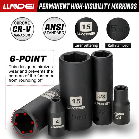 Impact Socket Set One Quarter Inch Drive 83 Piece With SAE And Metric Sizes showing multiple socket sizes and markings