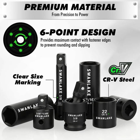 One Hundred Five Piece Three Eighths Inch Drive Impact Socket Set With 28 Metric Sockets 8 To 22 Mm And 16 SAE Sockets 5 Sixteenths To 3 Quarters Inch Six Point CR V Steel Includes Extension Bars Universal Joint Ratchet Handle And Screwdriver Bit Tool with clear size marking and CR-V steel