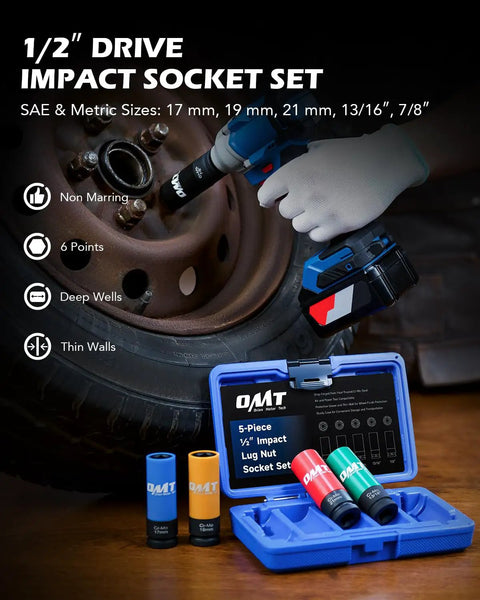 Half Inch Drive Lug Nut Socket Set For Your Ride Orion Motor Tech With Metric 17mm 19mm 21mm And SAE 13/16 Inch Sockets in use