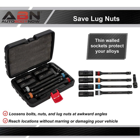 Open case with ABN 1/2in Drive Impact Socket Set Metric 17-22mm SAE 3/4-15/16in 9pc Lug Nut Torque Stick Extension Limiter 90-120 ft/lb