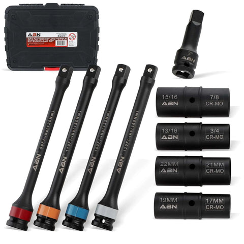 1/2in Drive Impact Socket Set Metric 17-22mm SAE 3/4-15/16in 9pc Lug Nut Torque Stick Extension Limiter 90-120 ft/lb with case