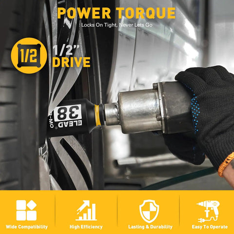 Using One Half Inch Drive Deep Impact Socket Set on car wheel with pneumatic wrench, 11-Piece Metric Wheel Axle Nut Wrench, Jumbo 27mm to 38mm Sockets.